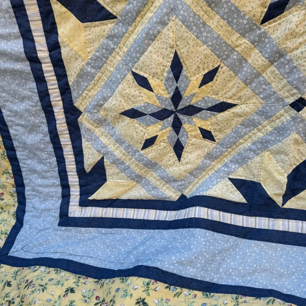 Handmade Star Patchwork Quilt Blue Yellow Floral Granny cottage blanket 84x84